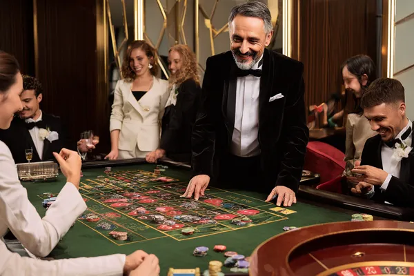 A confident dealer surrounded by casino chips inviting players to access their CROREWIN account, reflecting quick and easy login options.